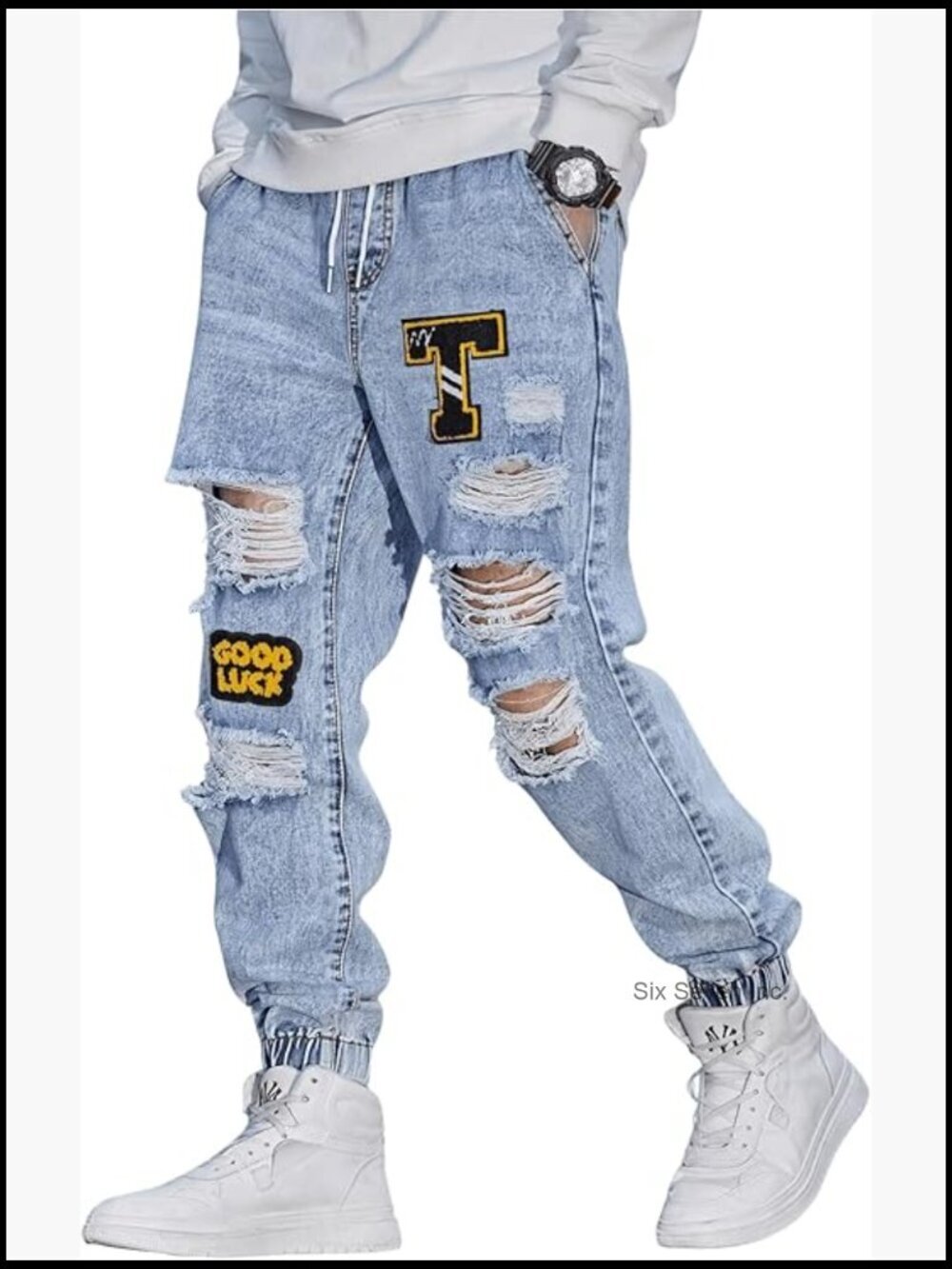 Men's Cargo Joggers Letter Patched Ripped Jeans Elastic Drawstring Waist